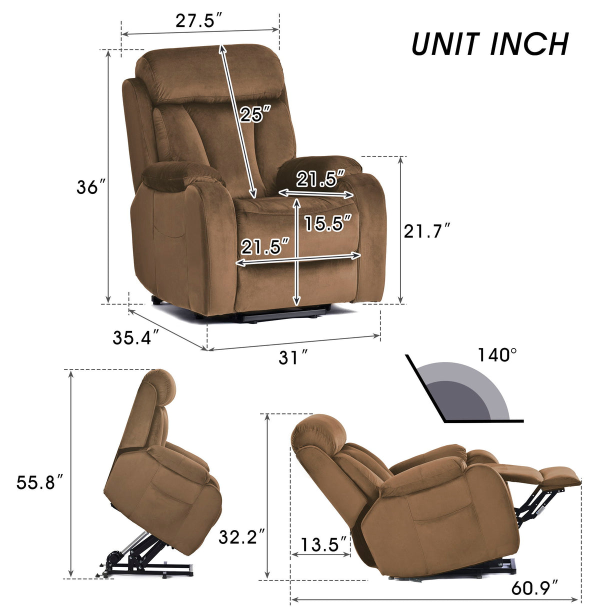 Power Lift Recliner Chair, Remote Control, Brown Cashmere