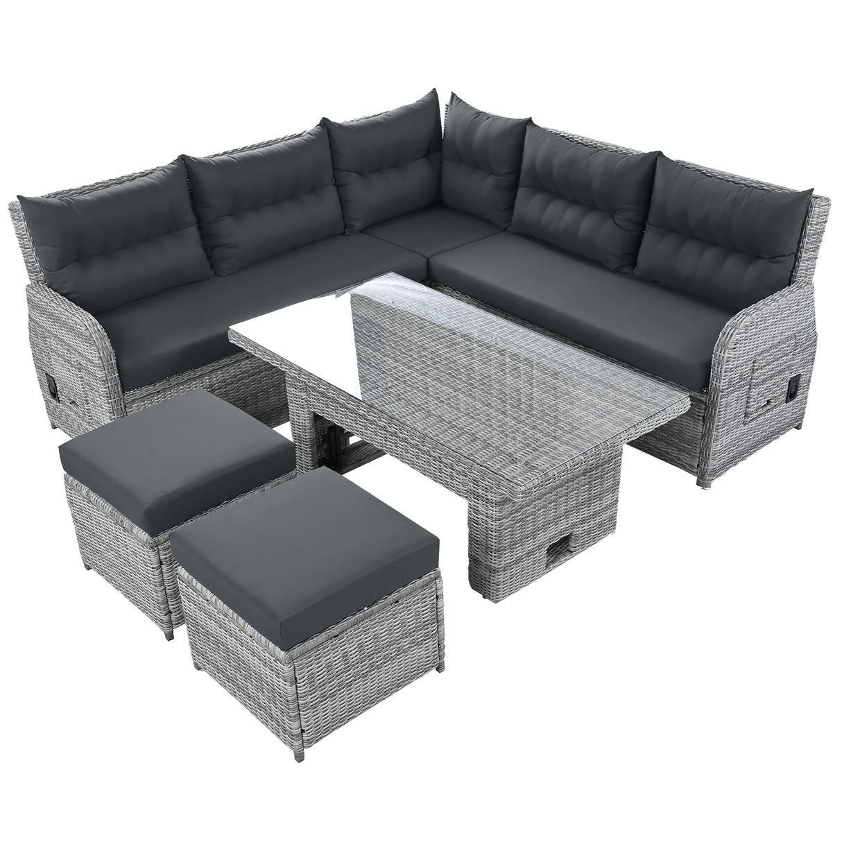 6 Piece Patio Set With An Adjustable Table, Recliners With Extendable Side Tables, And 2 Ottomans - Gray - Furniture Home Direct