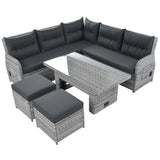 6 Piece Patio Set With An Adjustable Table, Recliners With Extendable Side Tables, And 2 Ottomans - Gray - Furniture Home Direct