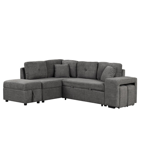 Convertible Sleeper, Sectional Pull Out Sofa Bed With Storage Ottoman, 2 Throw Pillows, 2 Stools, Wireless Charger And Two Hidden USB Ports For Living Room - Furniture Home Direct
