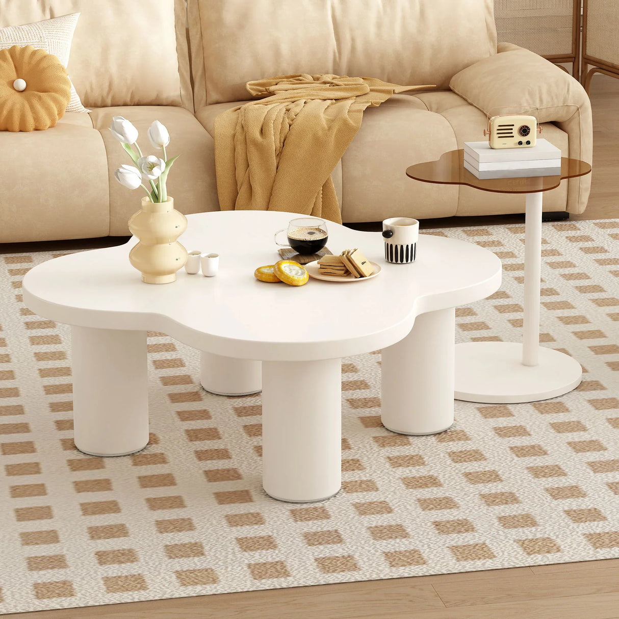 Modern Coffee Table (Set of 2), Irregular Shape Coffee Table With Four Roman Column Legs And End Table With Glass Top For Living Room - White - Furniture Home Direct