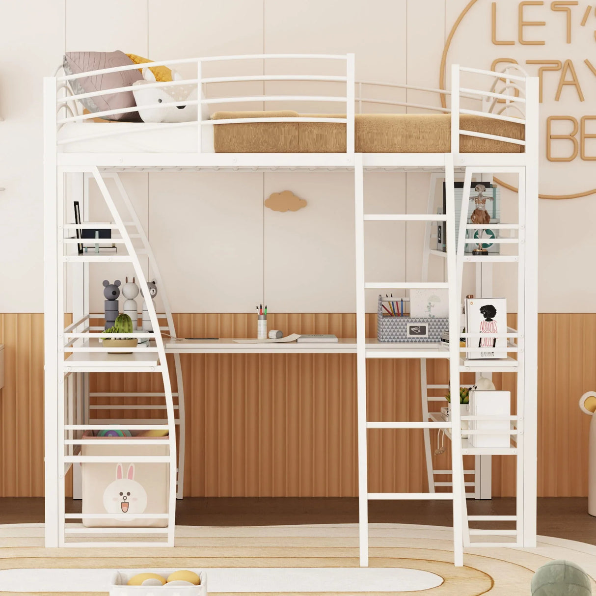 Loft Bed With 4 Layers Of Shelves And L-Shaped Desk, Stylish Metal Frame Bed With A Set Of Sockets, USB Ports And And Wireless Charging - Furniture Home Direct