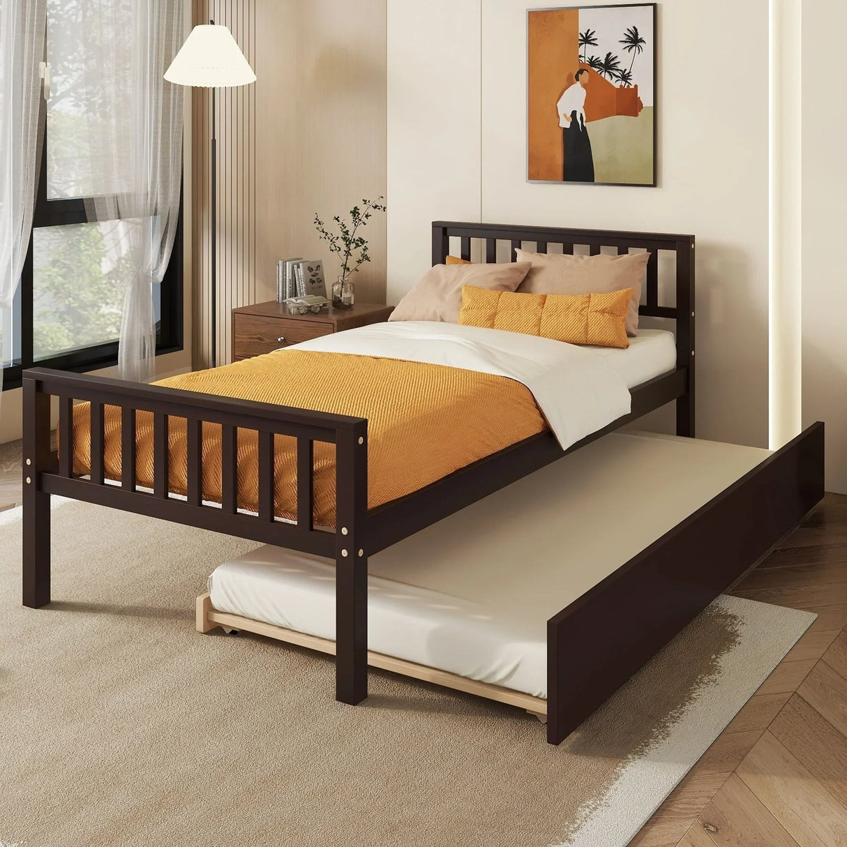 Twin Bed With Trundle, Platform Bed Frame With Headboard And Footboard, For Bedroom Small Living Space, No Box Spring Needed - Furniture Home Direct