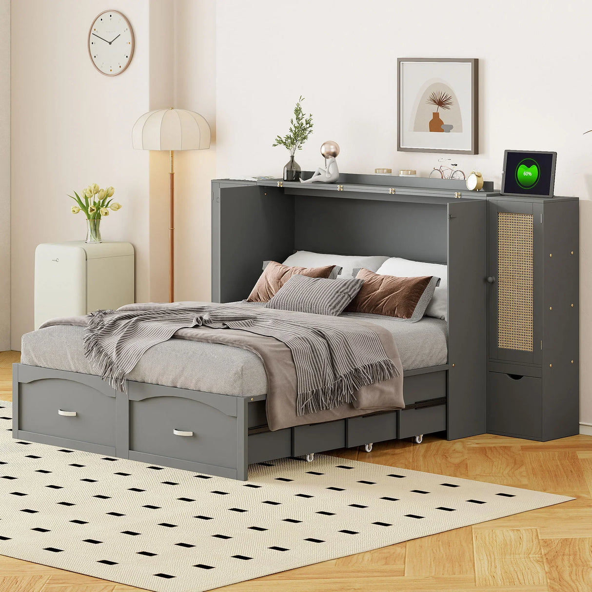 Murphy Wall Bed With Drawer And Rattan Decoration - Furniture Home Direct