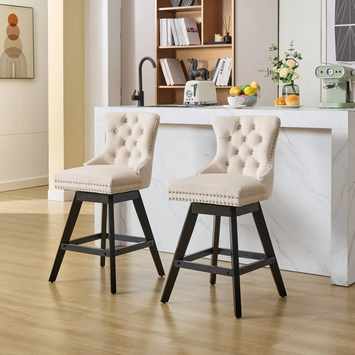 Bar Stools Counter Height Velvet Upholstered Set of 2 Beige - Furniture Home Direct