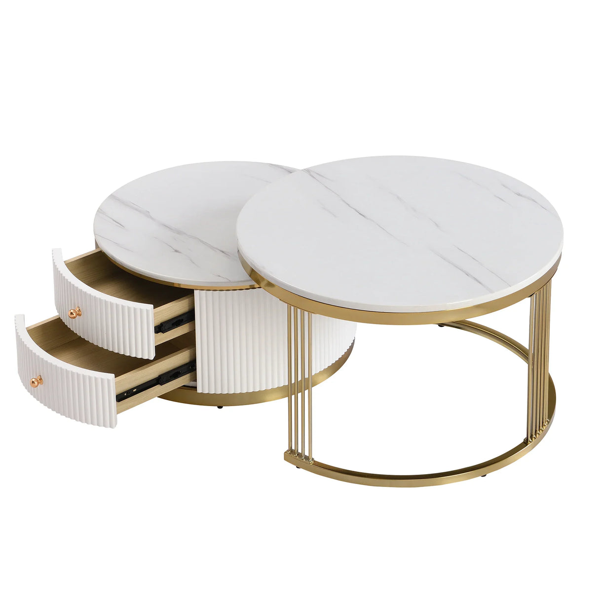 Nesting Coffee Tables With Drawers Round White And Gold - Furniture Home Direct