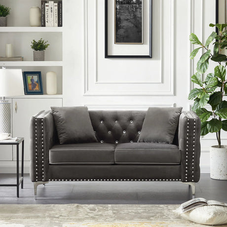 Wide Sofa With Jeweled Buttons Square Arm, 2 Pillows - Furniture Home Direct
