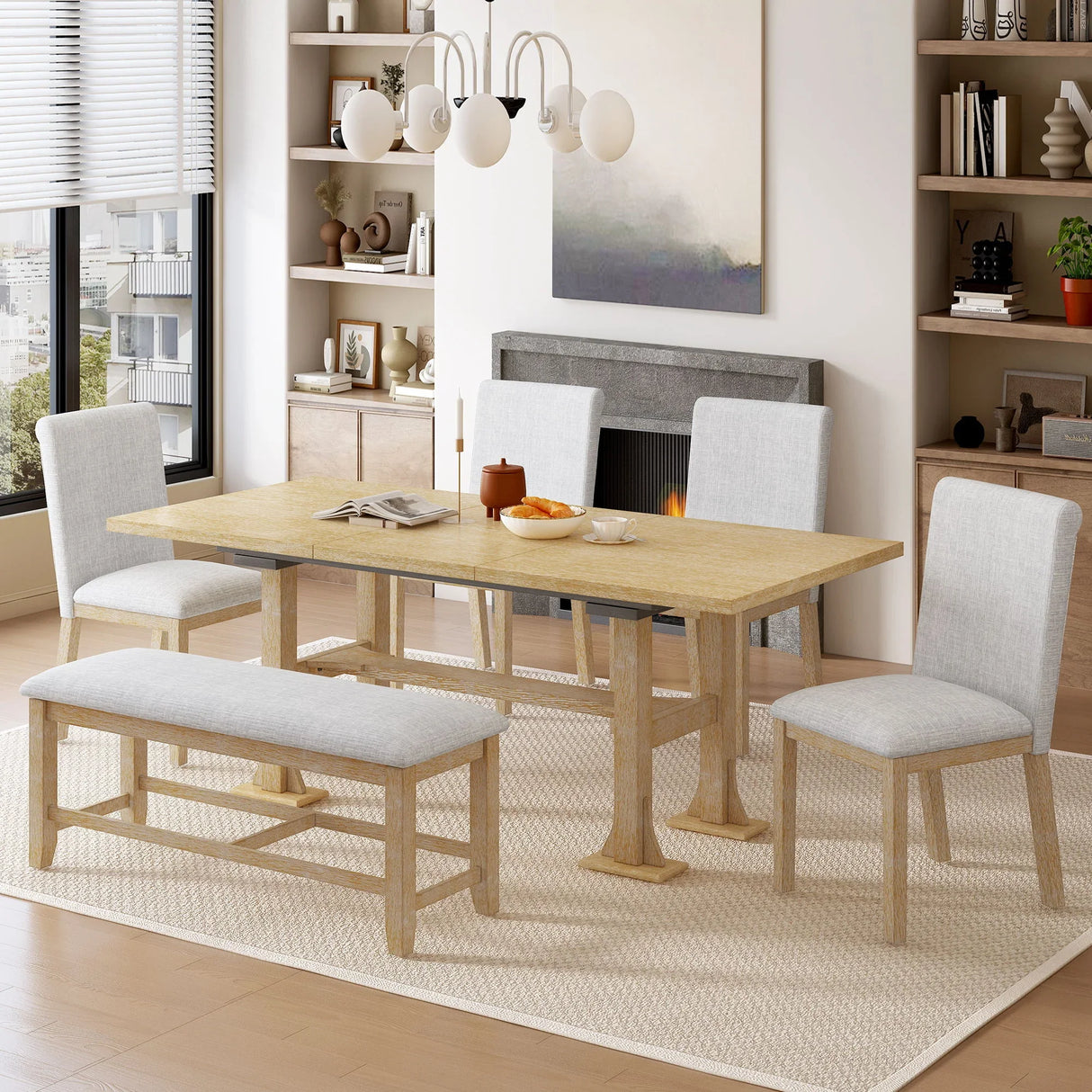 Topmax - 6 Piece Farmhouse Extendable Dining Table Set Trestle Kitchen Table Set With Removable Leaf And Upholstered Dining Chair And Bench For Dining Room - Furniture Home Direct