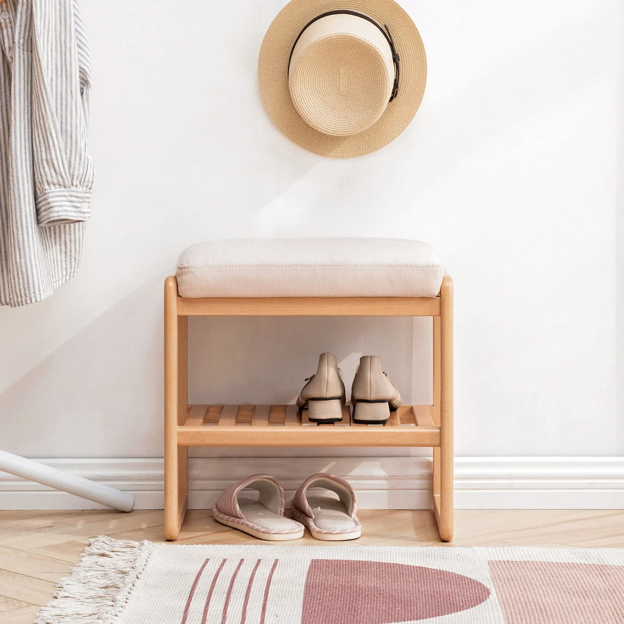 Shoe Bench, Beech Wood Storage Rack Organizer With High Rebound Sponge Cushion - Natural - Furniture Home Direct