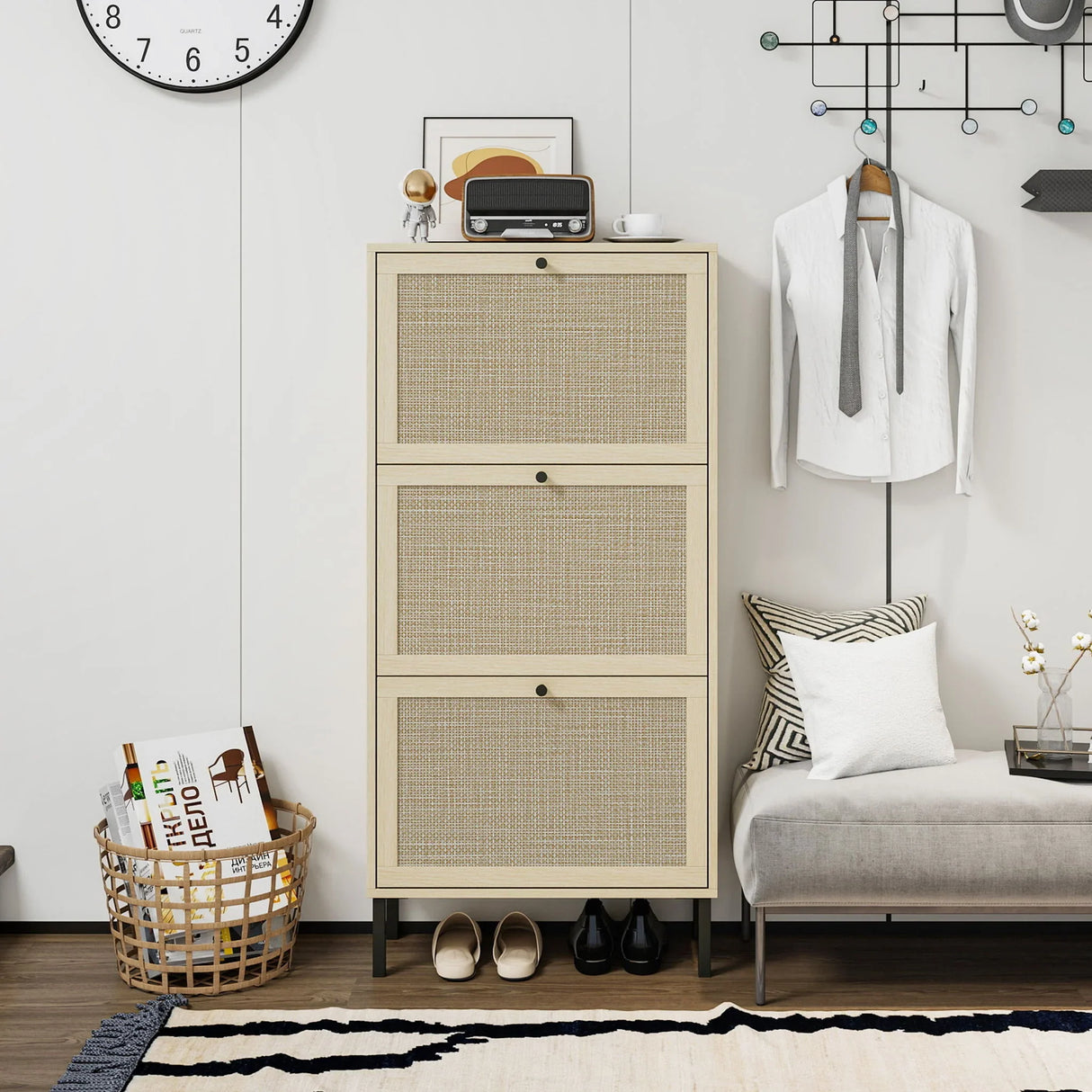 Modern Rattan 3 Door Shoe Rack Cabinet For Entryway - Furniture Home Direct