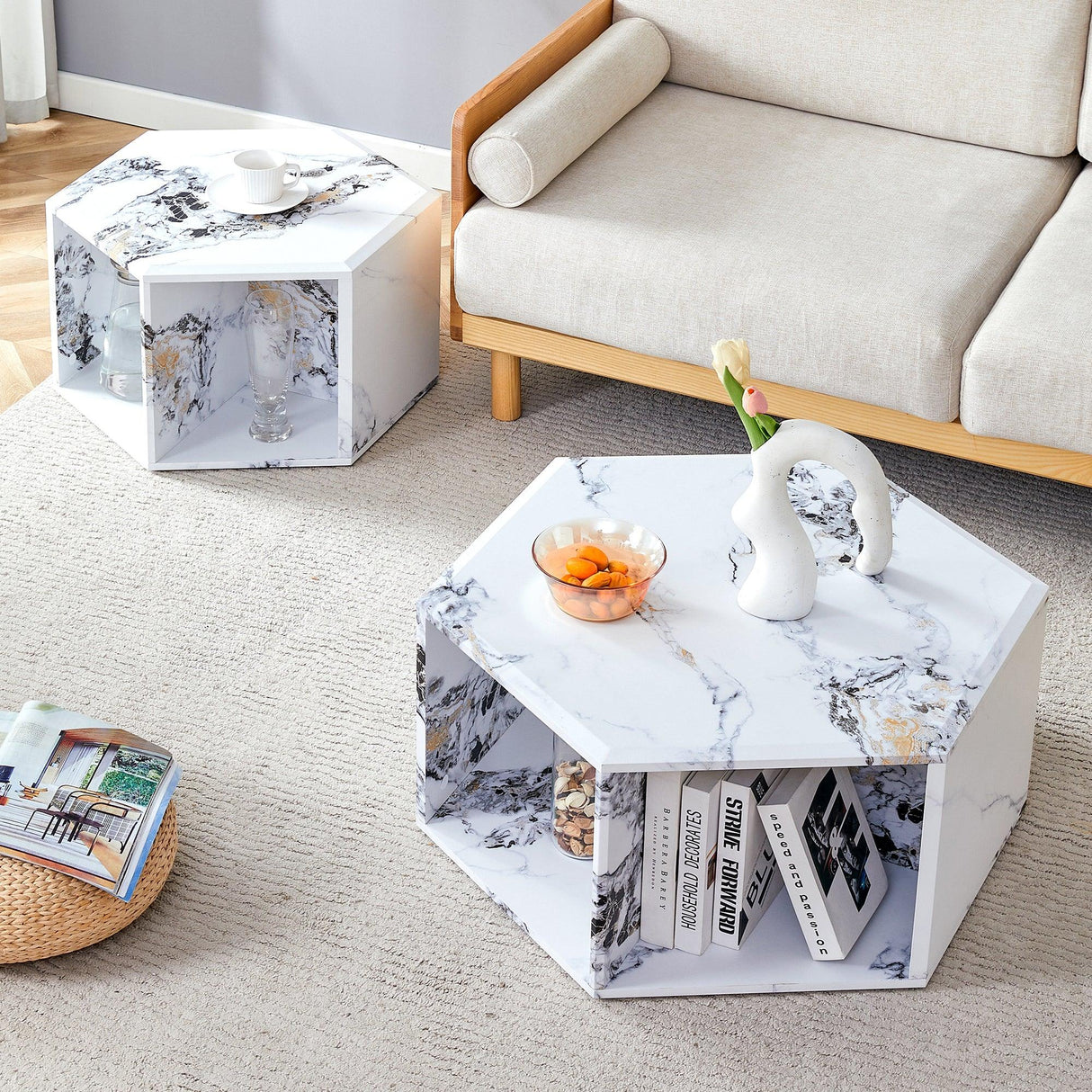 Coffee Table Set Hexagonal Marble Elegant Minimal White - Furniture Home Direct
