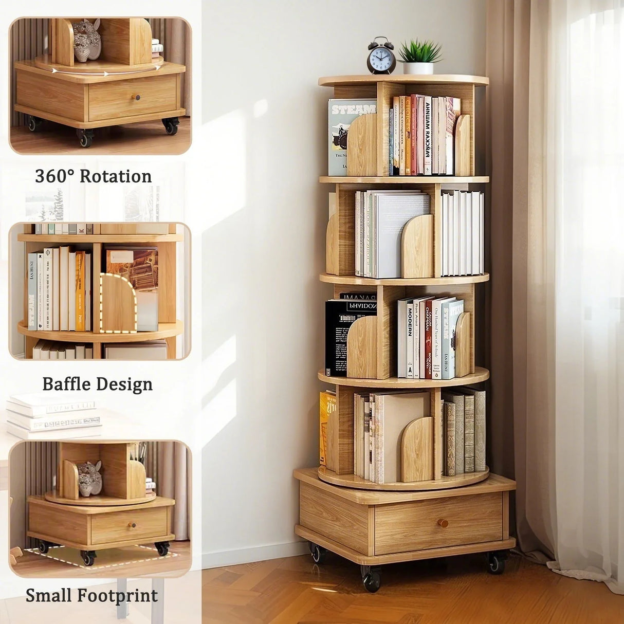 Rotating Bookshelf With Wheels And Drawer, 360° Spinning Design, Space Saving Storage - Furniture Home Direct