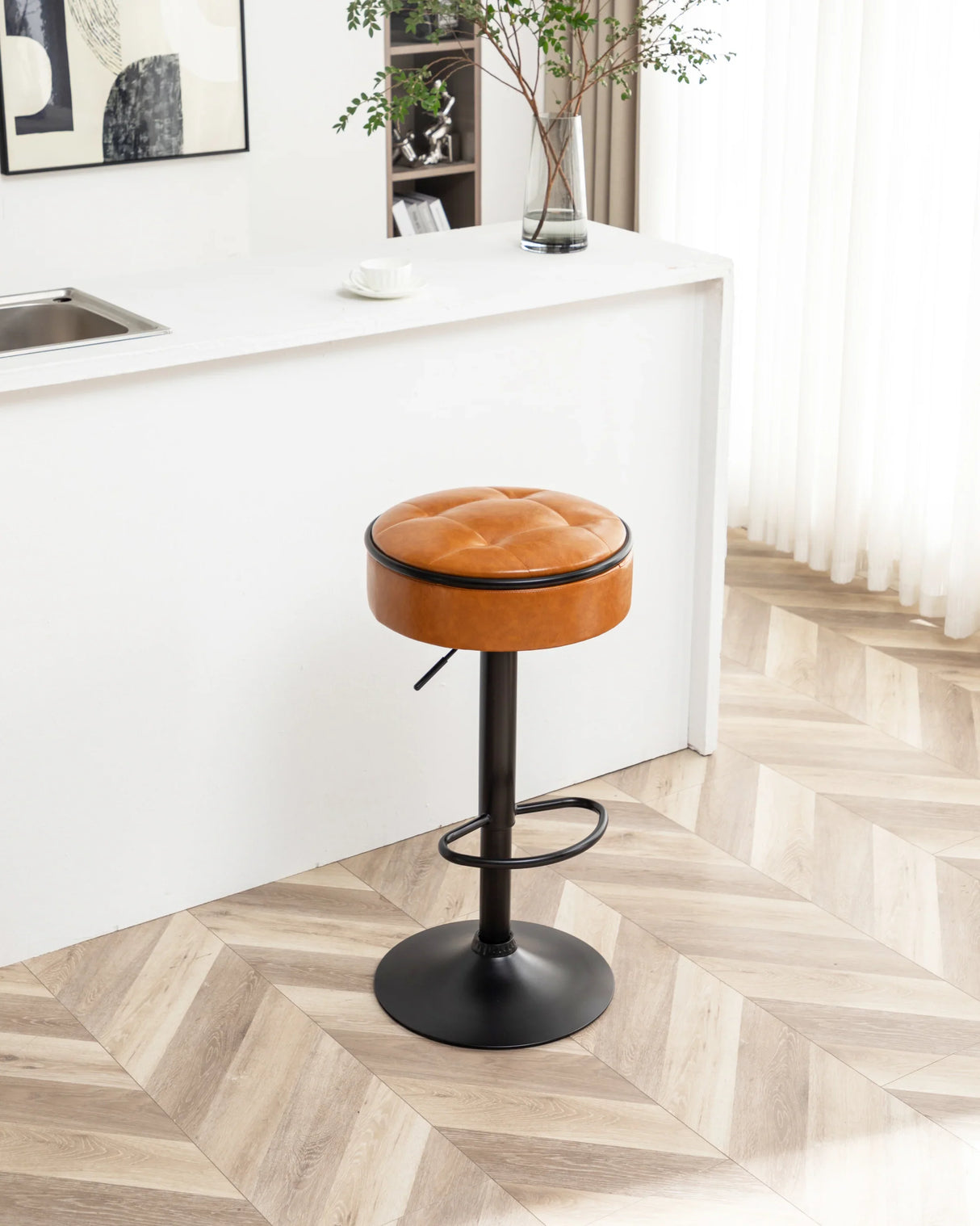 Bar Stool Round Tufted PU Leather Adjustable Height Brown - Furniture Home Direct