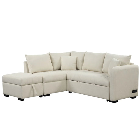 L-Shaped Sectional Pull Out Sofa Bed Sleeper Sofa With Two USB Ports, Two Power Sockets And A Movable Storage Ottoman - Furniture Home Direct