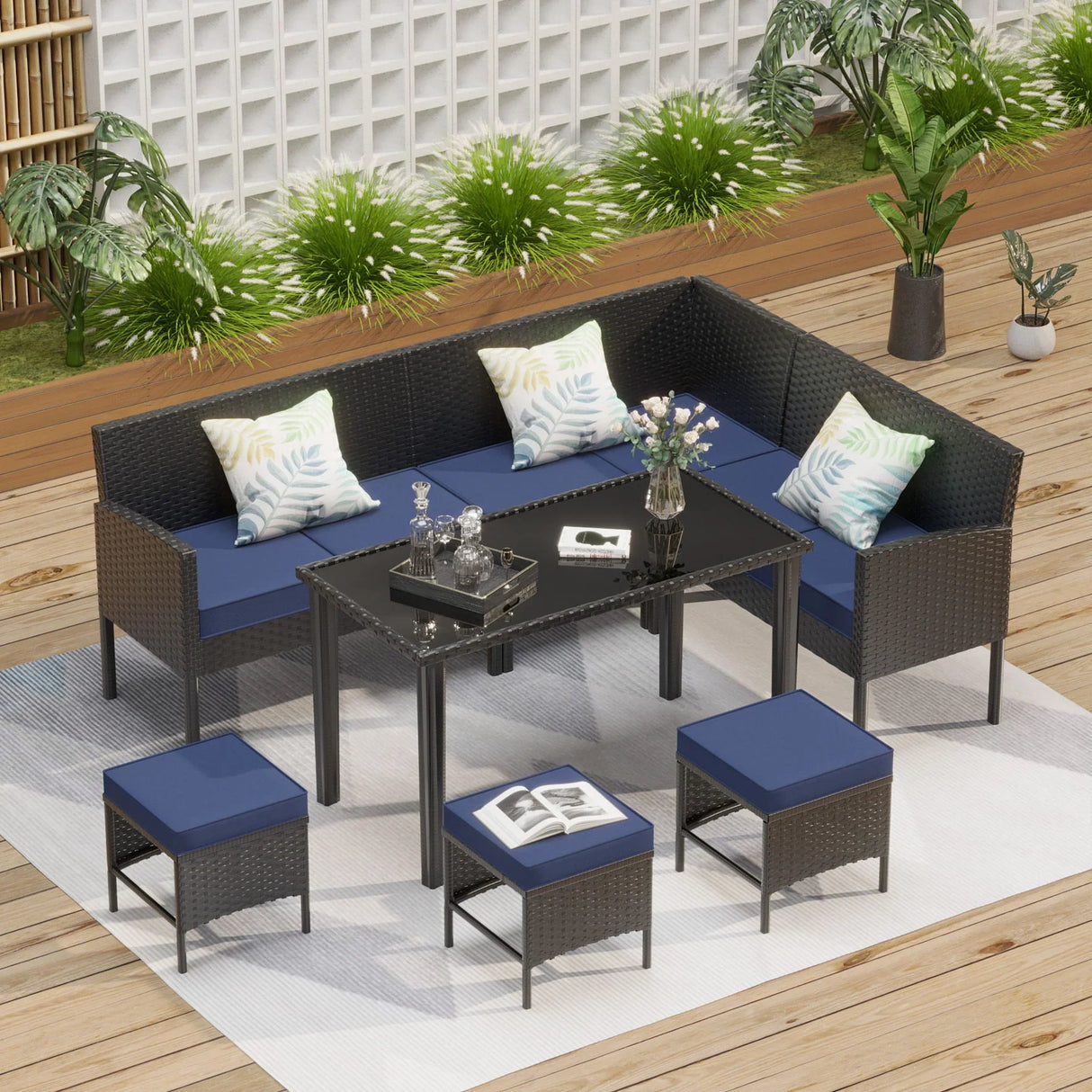 7 Piece Outdoor Furniture Set Waterproof Cushions Glass Table - Furniture Home Direct