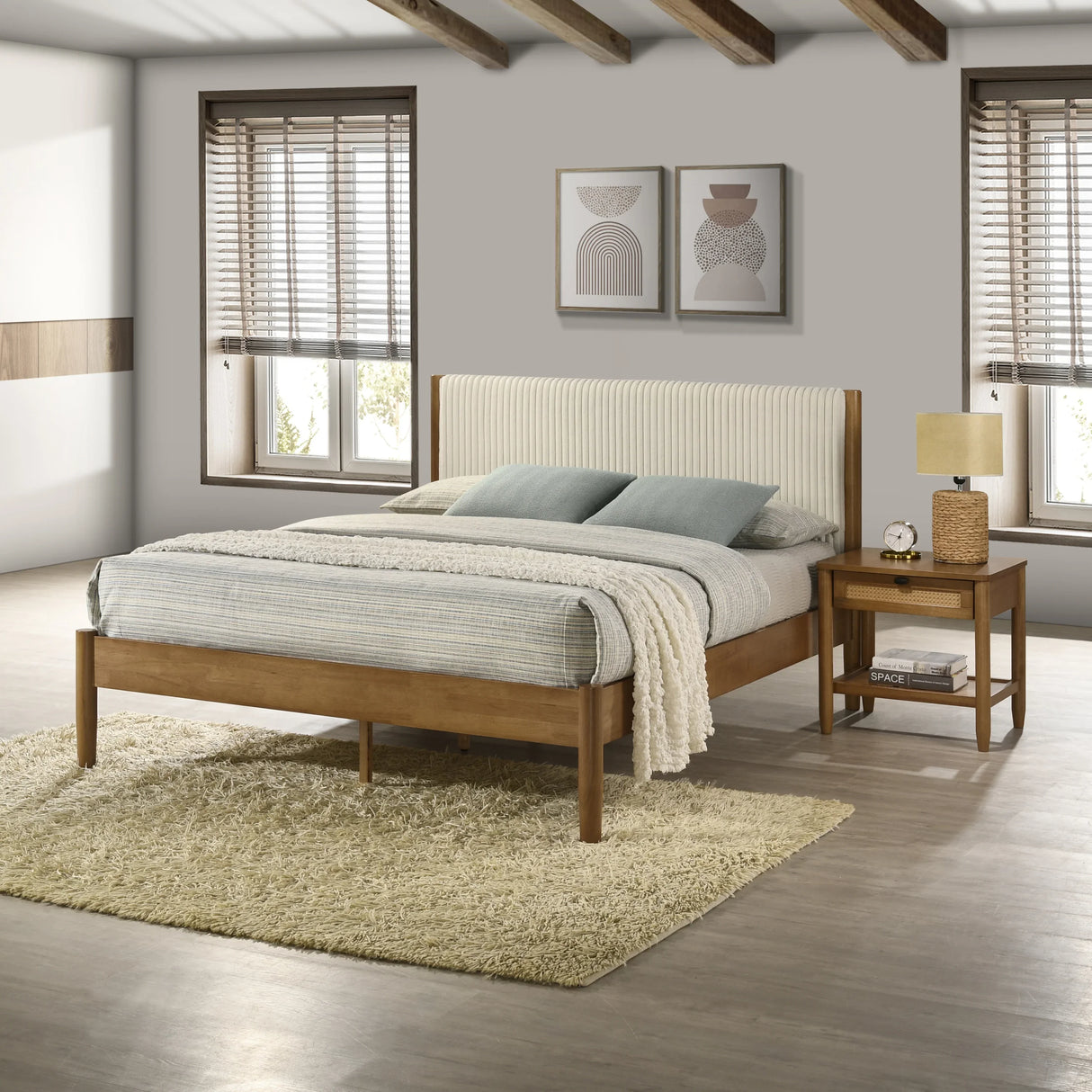 Queen Bed Corduroy Upholstered Contemporary Walnut - Furniture Home Direct