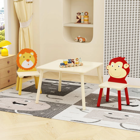 Kids Table And 2 Chairs Set, 3 Pieces Toddler Table And Chair Set, Wooden Activity Play Table Set (Lion&Monkey) - Natural - Furniture Home Direct