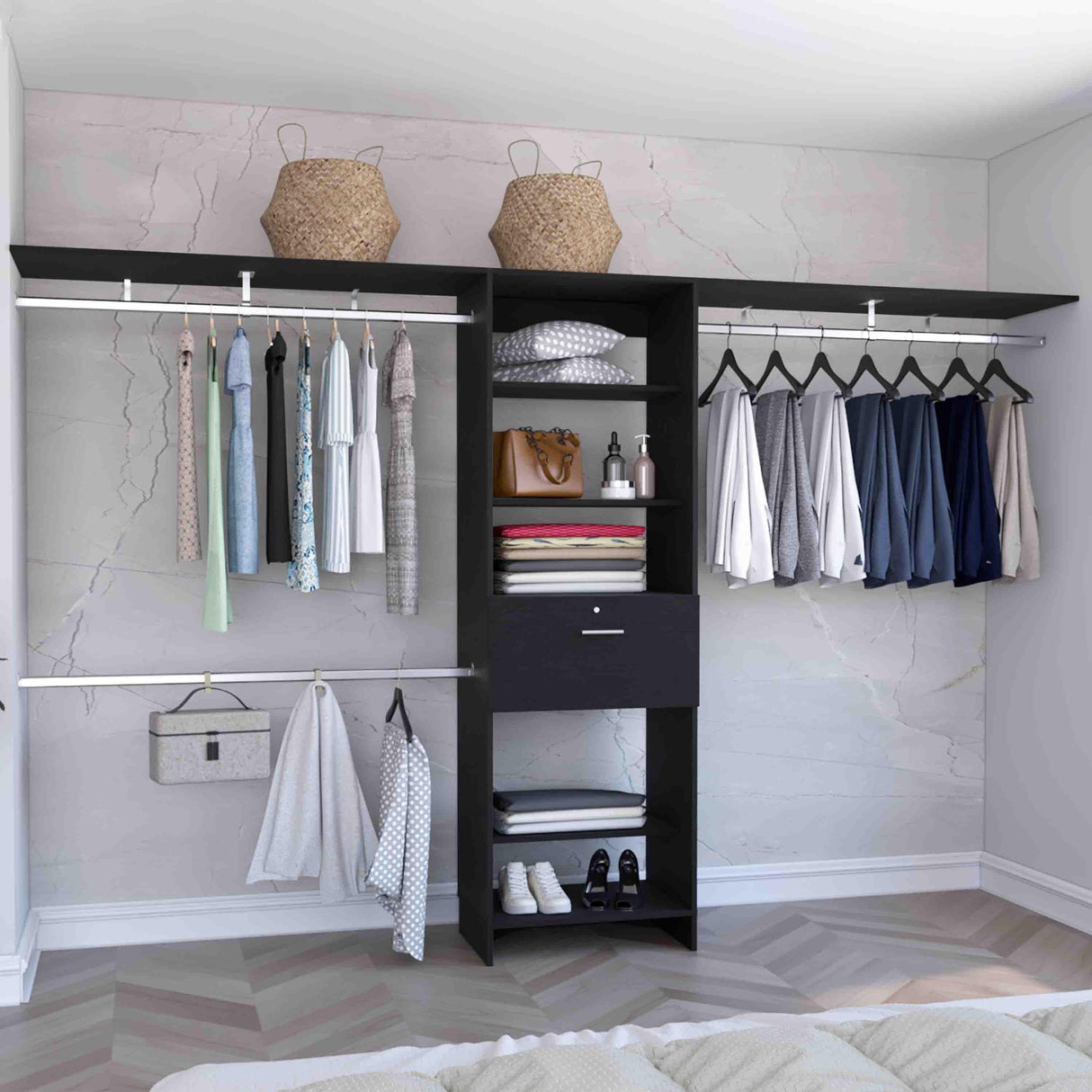 Closet System With Three Hanging Rods And Shelves Black - Furniture Home Direct