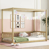 Canopy Frame Floor Bed With Fence, Guardrails - Furniture Home Direct