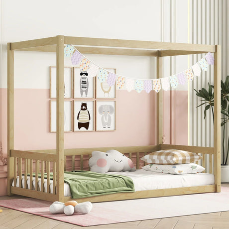 Canopy Frame Floor Bed With Fence, Guardrails - Furniture Home Direct
