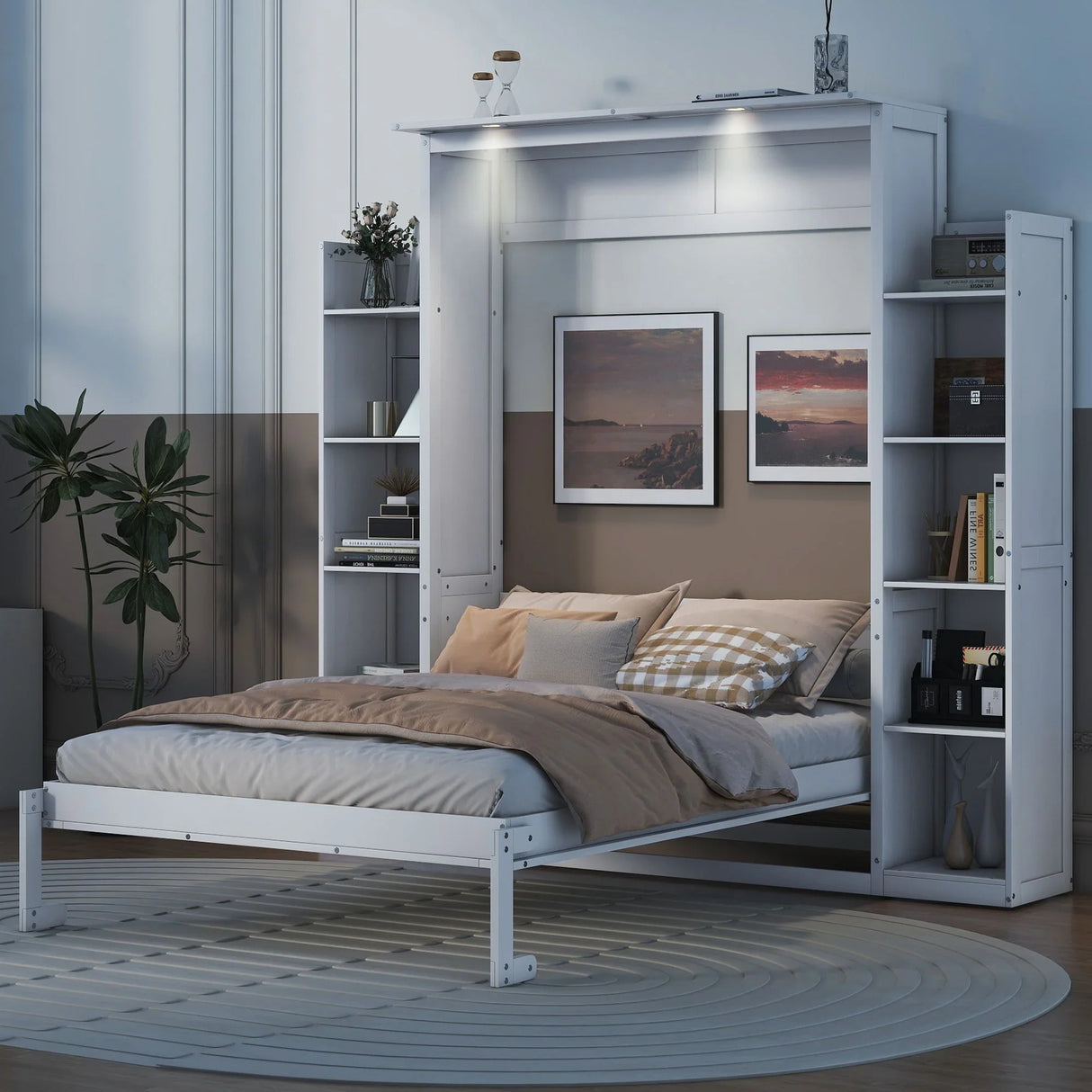 Wall Murphy Bed With Shelves And LED Lights - Furniture Home Direct