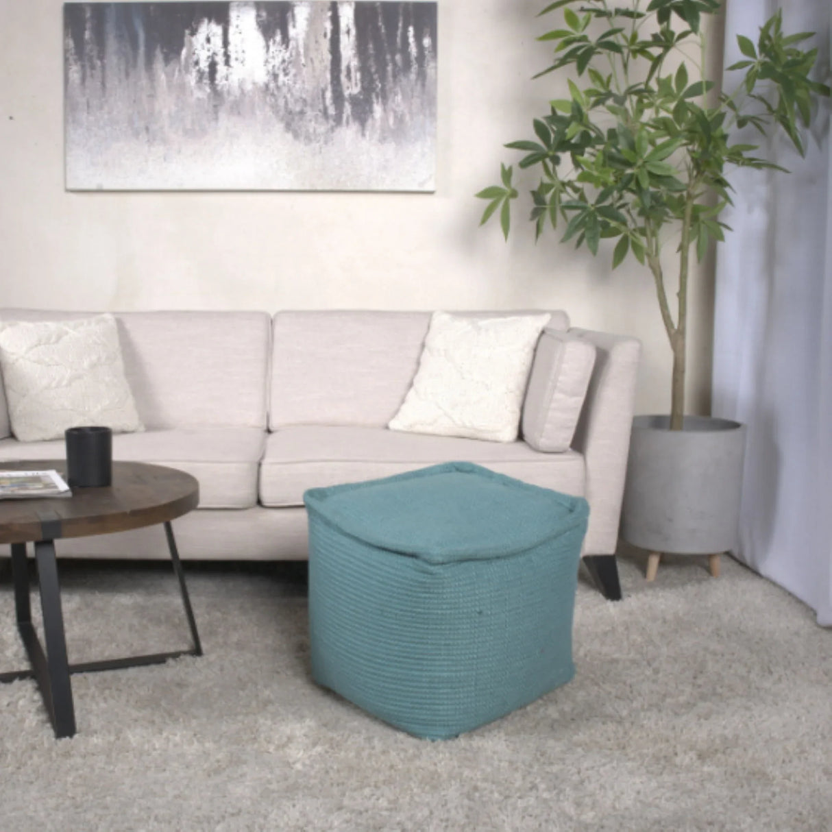Hansolo - Yarn Square Pouf Ottoman Or Floor Cushion - Teal - Furniture Home Direct