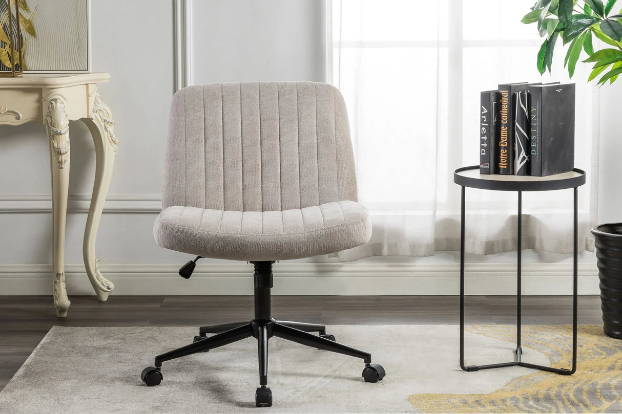 Cross Legged Office Chair, Wide Comfty Desk Chair, Vanity Home Chair, Armless Computer Task Chair With Wheels, Swivel And Height Adjustable - Beige - Furniture Home Direct