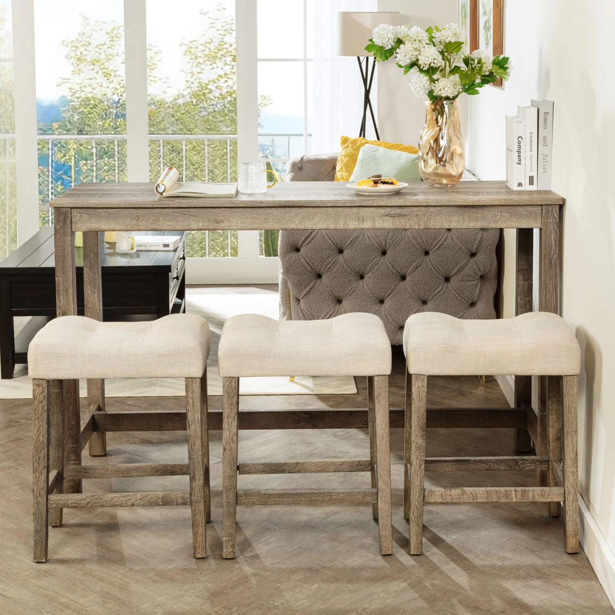 4 Piece Bar Table Set With Power Outlet, 3 Padded Stools - Furniture Home Direct