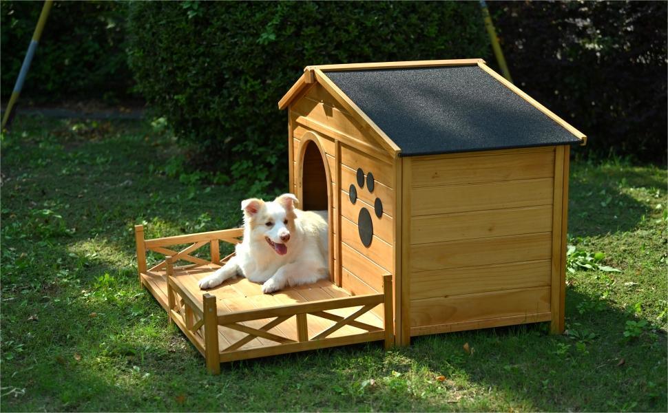 Wooden Dog House Outdoor With Porch, Dog Kennel With Water Resistant Asphalt Roof And Fencing, Indoor & Outdoor Dog Crate With Paw Print, Medium - Nature - Furniture Home Direct