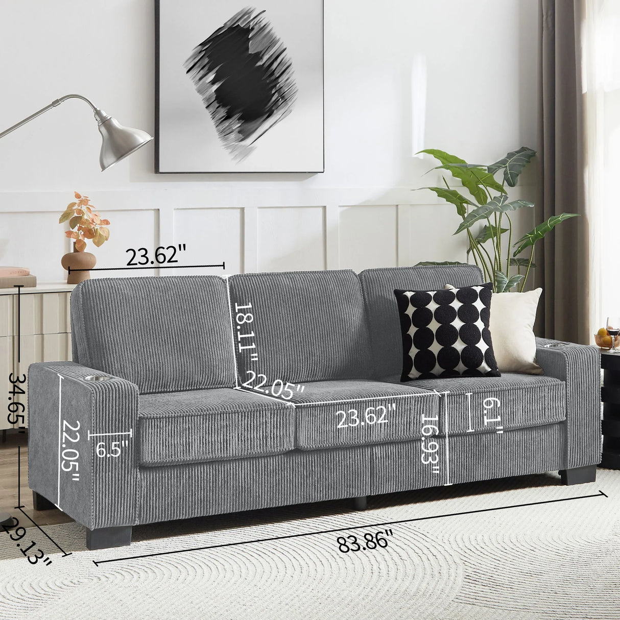 Modern Corduroy Fabric Sofa, 3 Seater Compressed Couch With Cup Holders - Furniture Home Direct