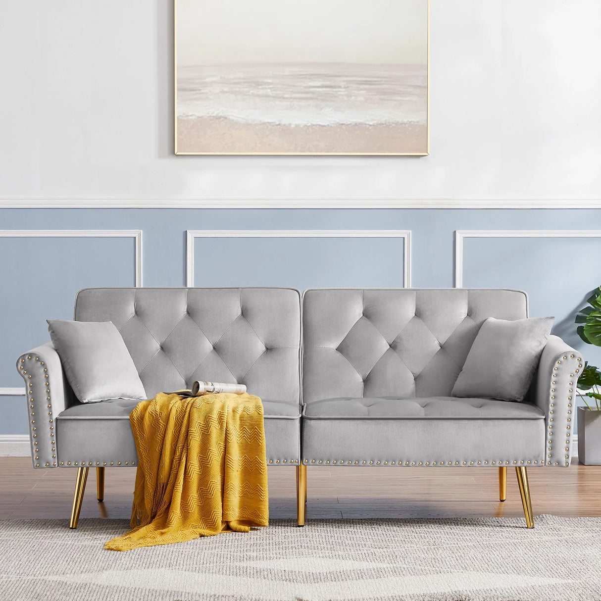 Velvet Tufted Sofa Couch With 2 Pillows And Nailhead Trim - Furniture Home Direct