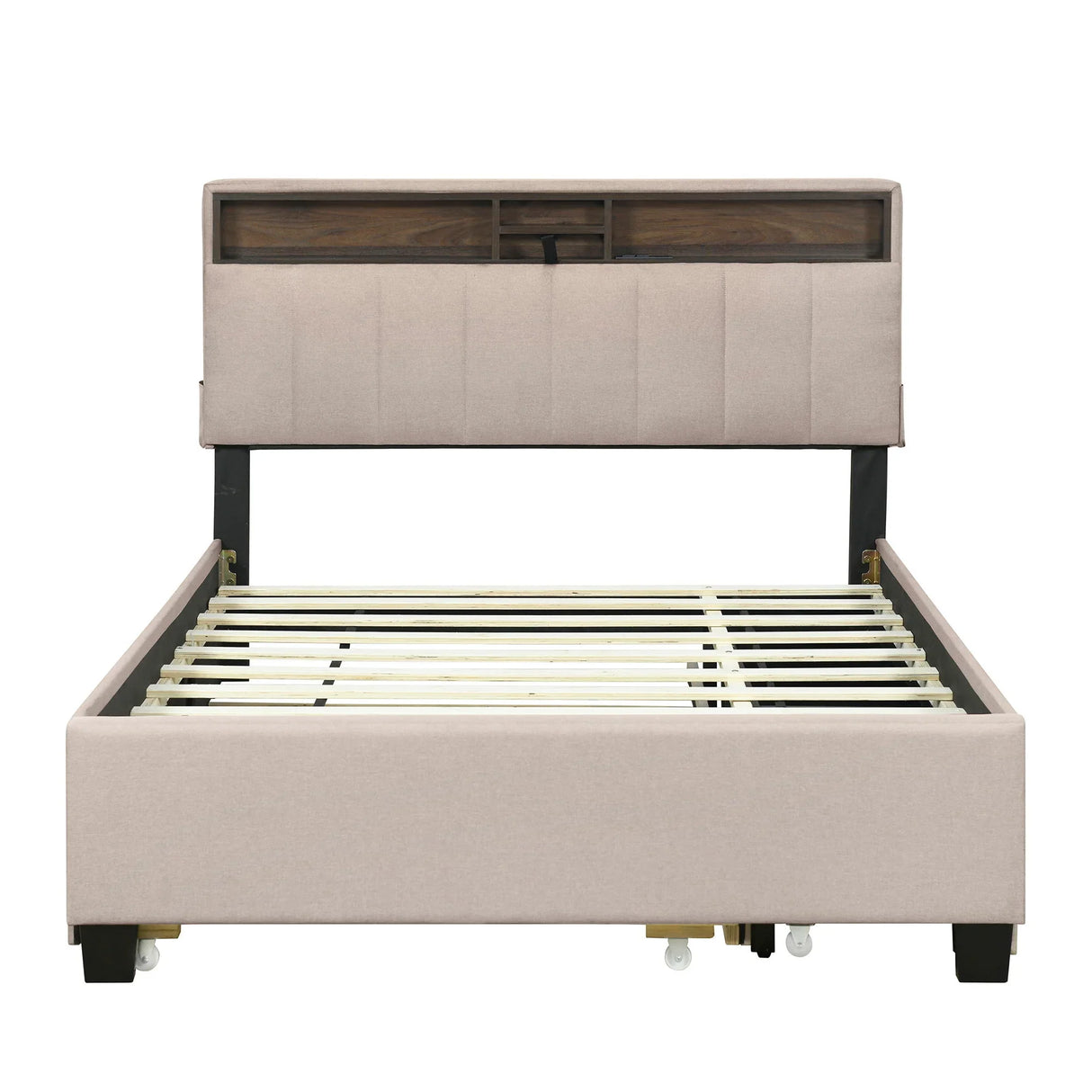 Upholstered Platform Bed With Storage Headboard, Trundle & 2 Drawers And A Set Of Sockets & USB Ports - Furniture Home Direct