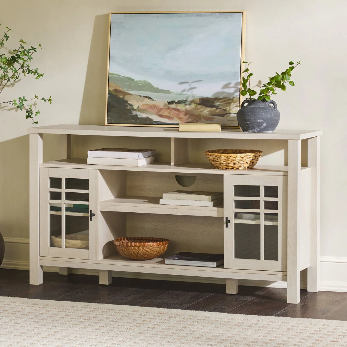 Transitional 2 Door Sideboard With Windowpane Design - Ivory Oak - Furniture Home Direct
