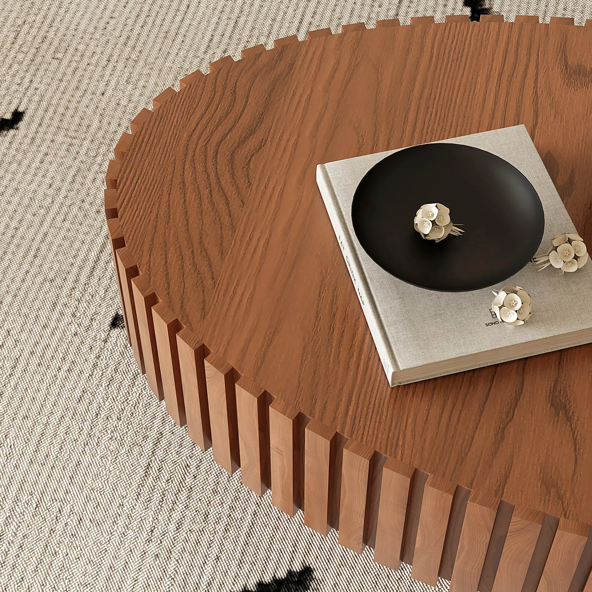 Coffee Table Oval Wood Slatted Rivet Detail Modern Brown - Furniture Home Direct