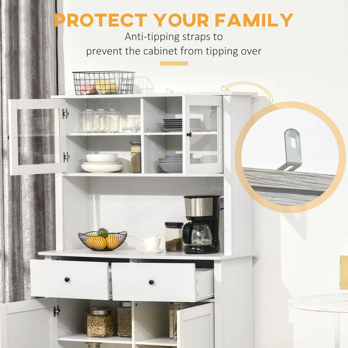 Homcom - 63.5" Kitchen Buffet With Hutch, Pantry Storage Cabinet With 4 Shelves, Drawers, Framed Glass Doors, Open Microwave Countertop - Antique White - Furniture Home Direct