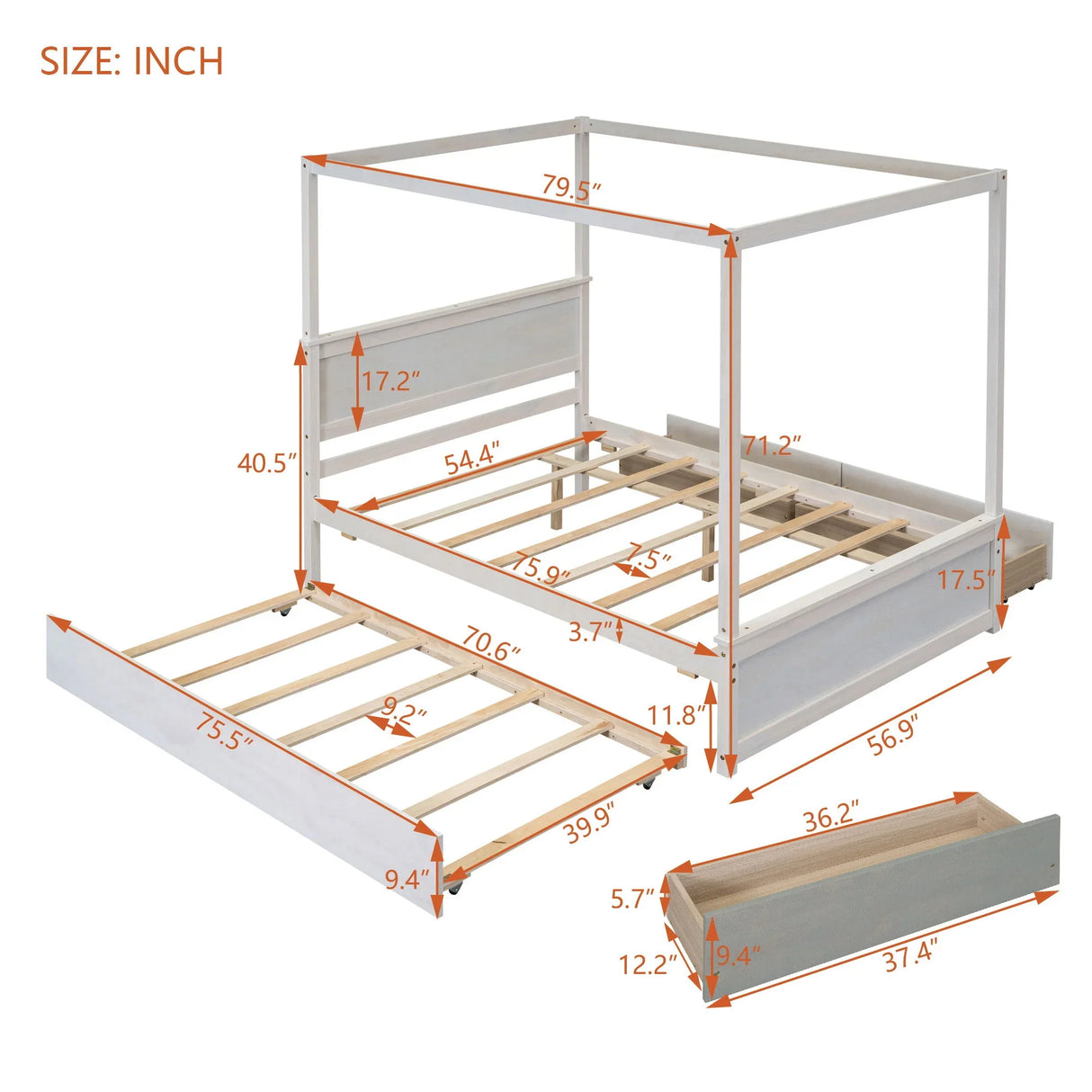 Canopy Platform Bed With Drawers, Support Slats, No Box Spring Needed - Furniture Home Direct