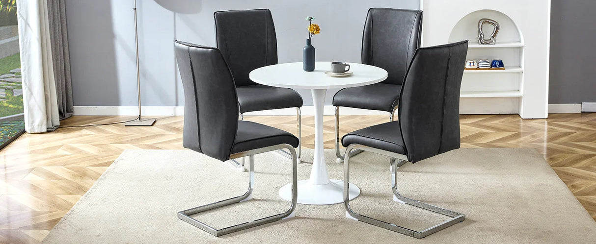 Dining Set Round Table With Black Upholstered Chairs White - Furniture Home Direct