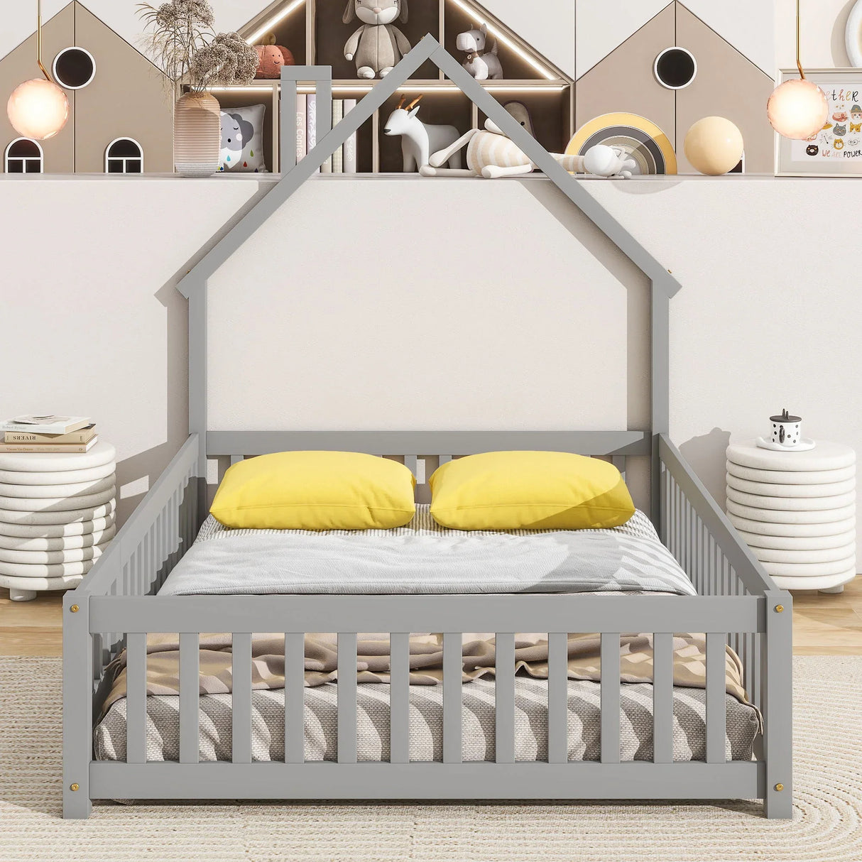 House-Shaped Headboard Floor Bed With Fence - Furniture Home Direct