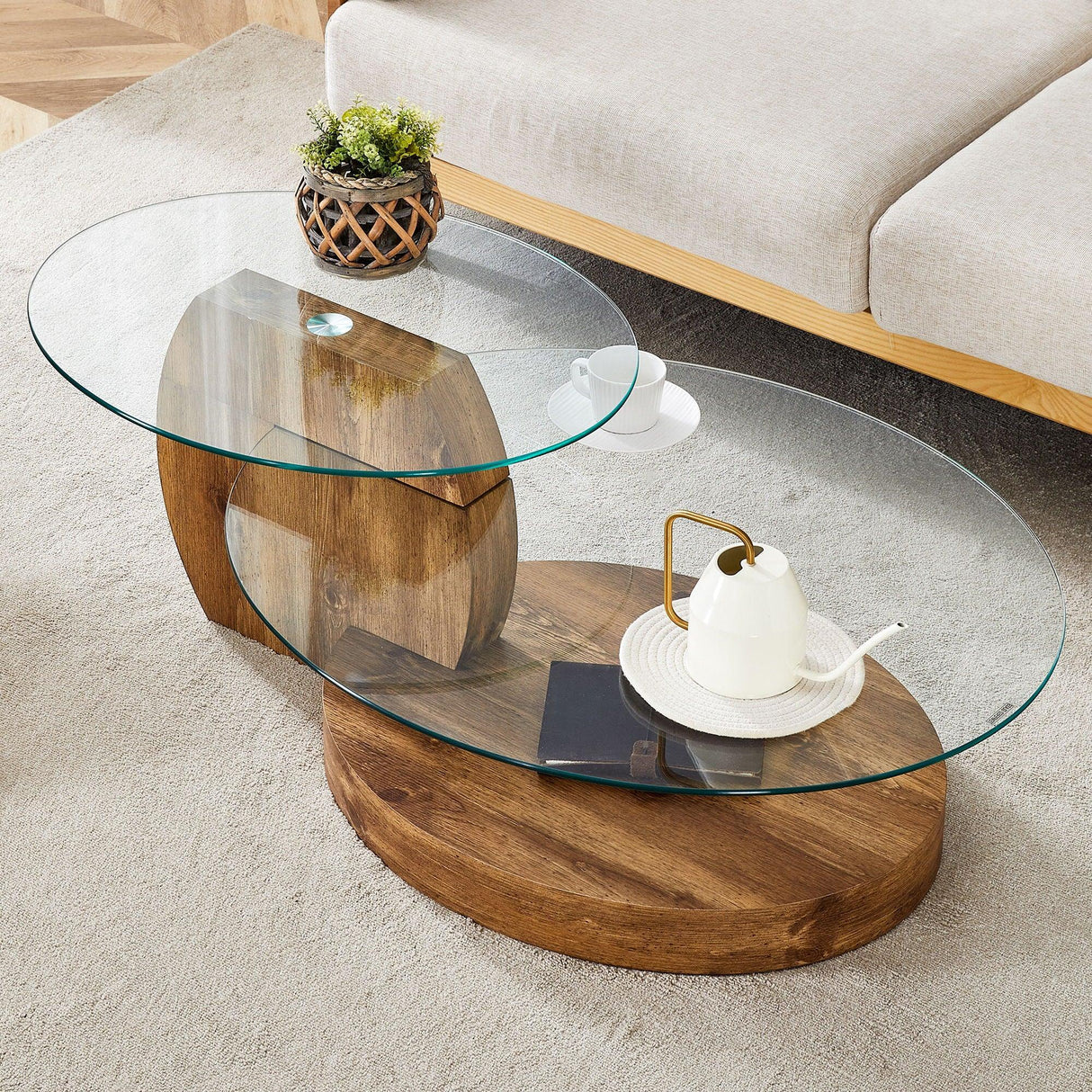 Modern Natural Wood Grain Double Layer Coffee Table Versatile Design - Natural Wood / Transparent - Furniture Home Direct