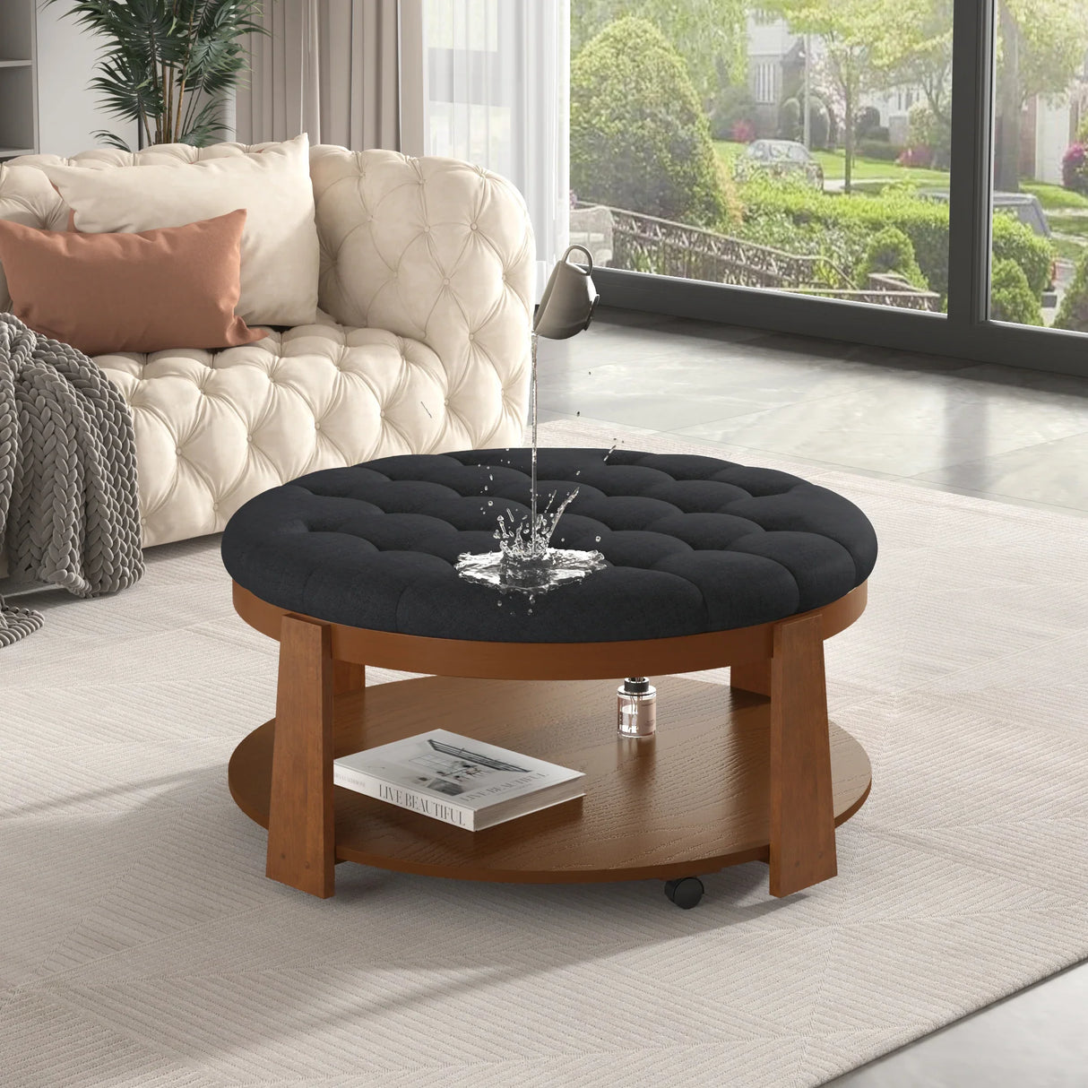Round Ottoman Coffee Table Oversized Tufted Wood Base Black - Furniture Home Direct
