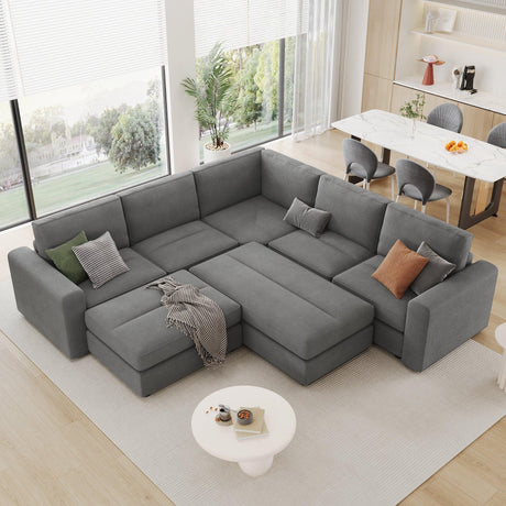 121.3" Modular Sectional Sofa with Two Movable Ottomans, Gray - Furniture Home Direct