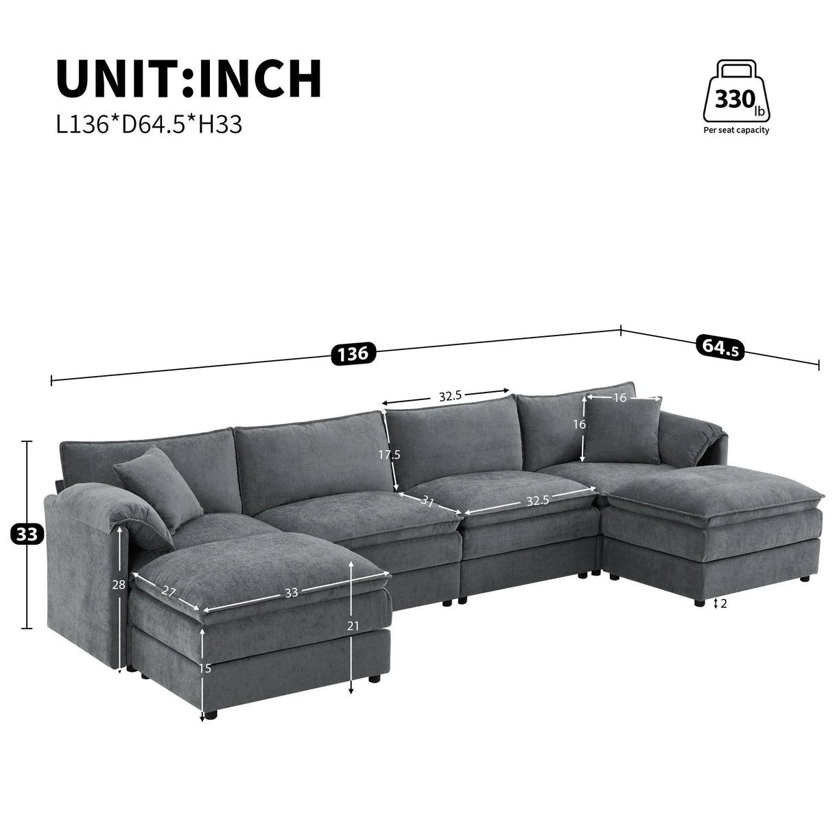 Modular Sectional With Deep And Wide Seat, Cloud Couch Set With Double Cushions Sofa With Movable Ottoman - Furniture Home Direct
