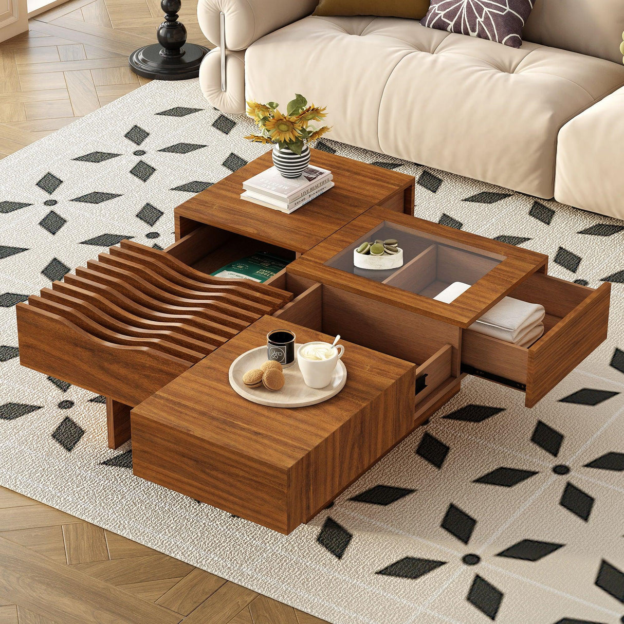 Unique Square Coffee Table With 3 Drawers - Furniture Home Direct