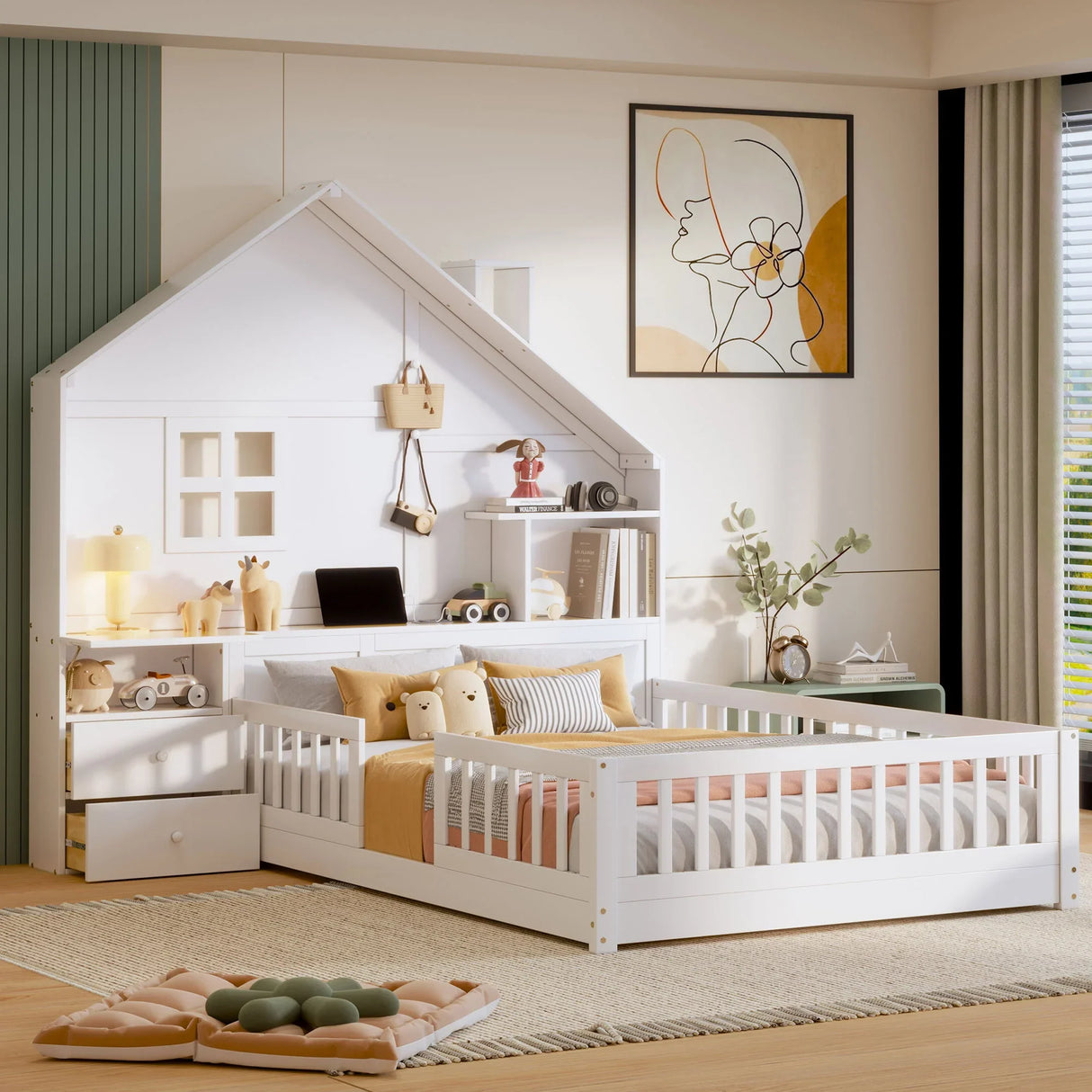 Full Size House Bed With Window And Bedside Drawers, Platform Bed With Shelves And A Set Of Sockets And USB Port - White - Furniture Home Direct