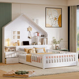 Full Size House Bed With Window And Bedside Drawers, Platform Bed With Shelves And A Set Of Sockets And USB Port - White - Furniture Home Direct
