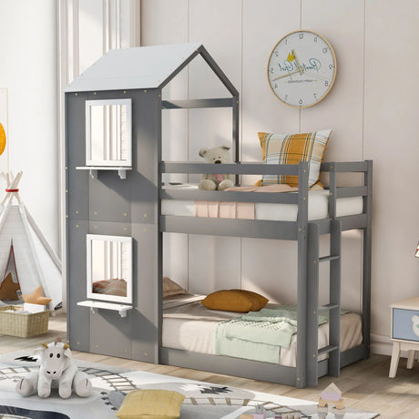 Bunk Bed Wood Bed & Roof, Window, Guardrail, Ladder - Furniture Home Direct