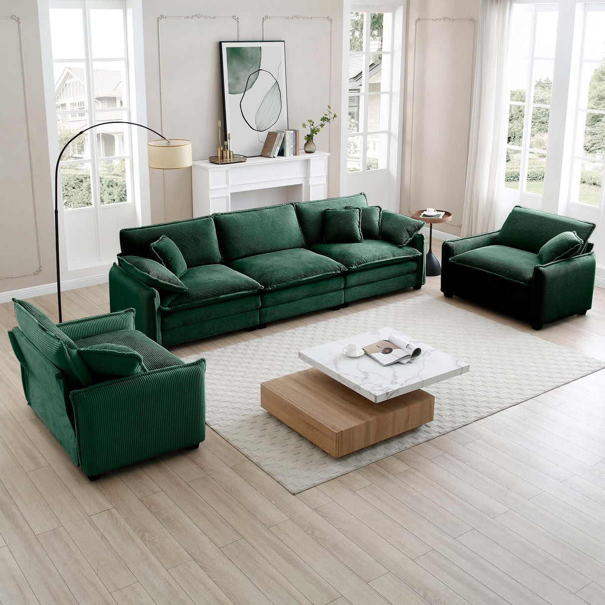 3 Piece Living Room Set in Corduroy Fabric - Green - Furniture Home Direct