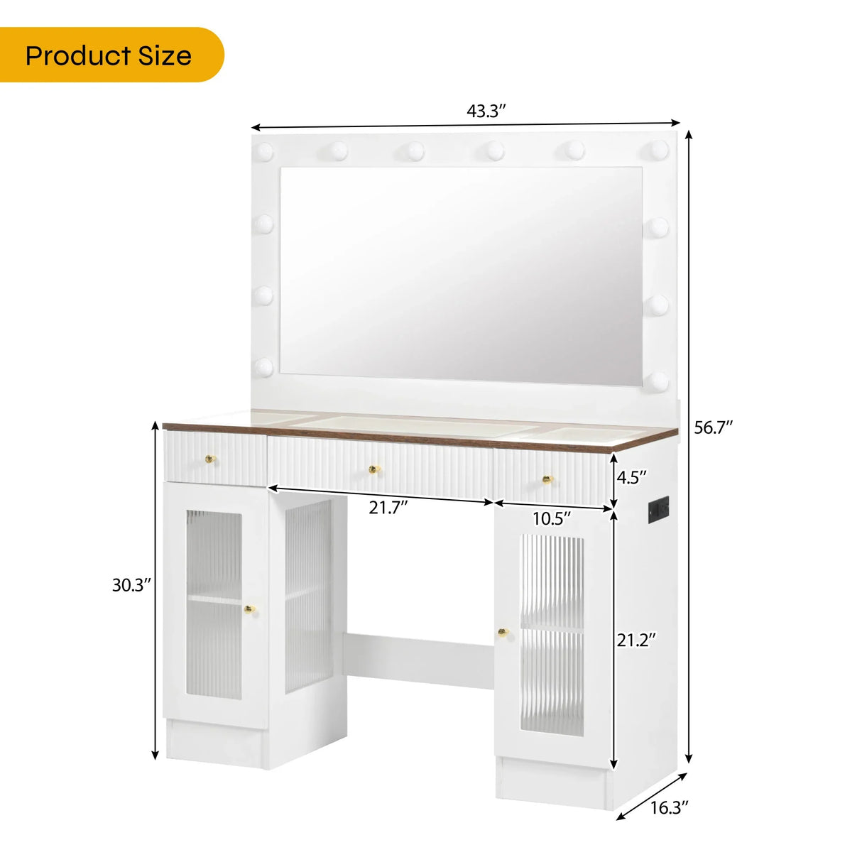 Vanity Desk With Large Mirror And Hollywood Bulbs White - Furniture Home Direct