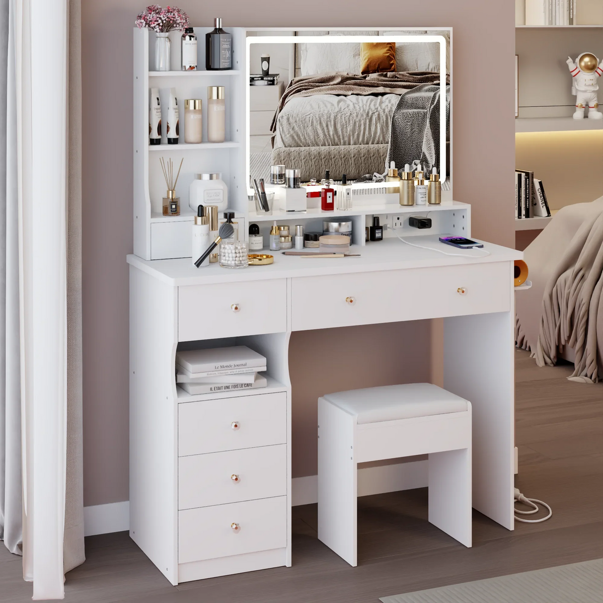 Vanity Desk Set With Cushioned Stool And Large Mirror White - Furniture Home Direct