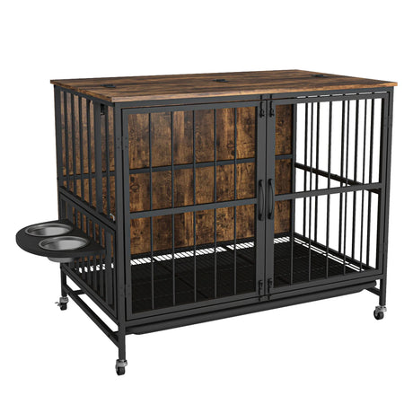Modern Kennel Dogs Room Up To 80 Lb, Dog Crate Furniture With Multi-Purpose Rremovable Ttray, Double-Door Dog House, Lift Panel, 360 Degree Rotation, 3 Height Adjustable Feeding Bowls - Furniture Home Direct